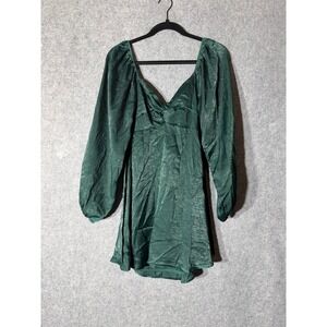 Altard State Womens S Green Satin Open Back Mini Dress Balloon Sleeve Holiday